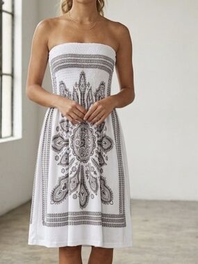 Smocked Strapless White Dress with Gray Medallion Print